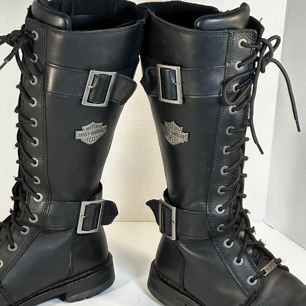Harley-Davidson Black Leather Lace-Up Buckle Heeled Motorcycle Boots - Picture 5 of 16